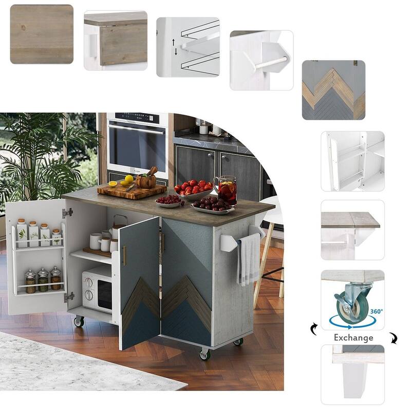 Farmhouse 51.57"W Solid Wood Kitchen Island with Folding Leaf, Interior